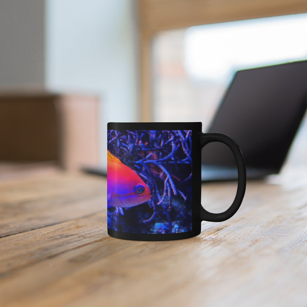 Colored Fish 11oz black ceramic mug with a sleek design, perfect for coffee, tea, or hot chocolate.