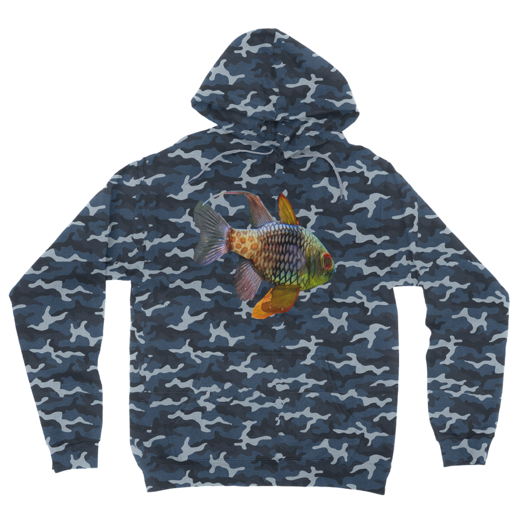 Colored Fish Camouflage Adult Hoodie featuring a classic camo print, double fabric hood, and kangaroo pouch pocket.