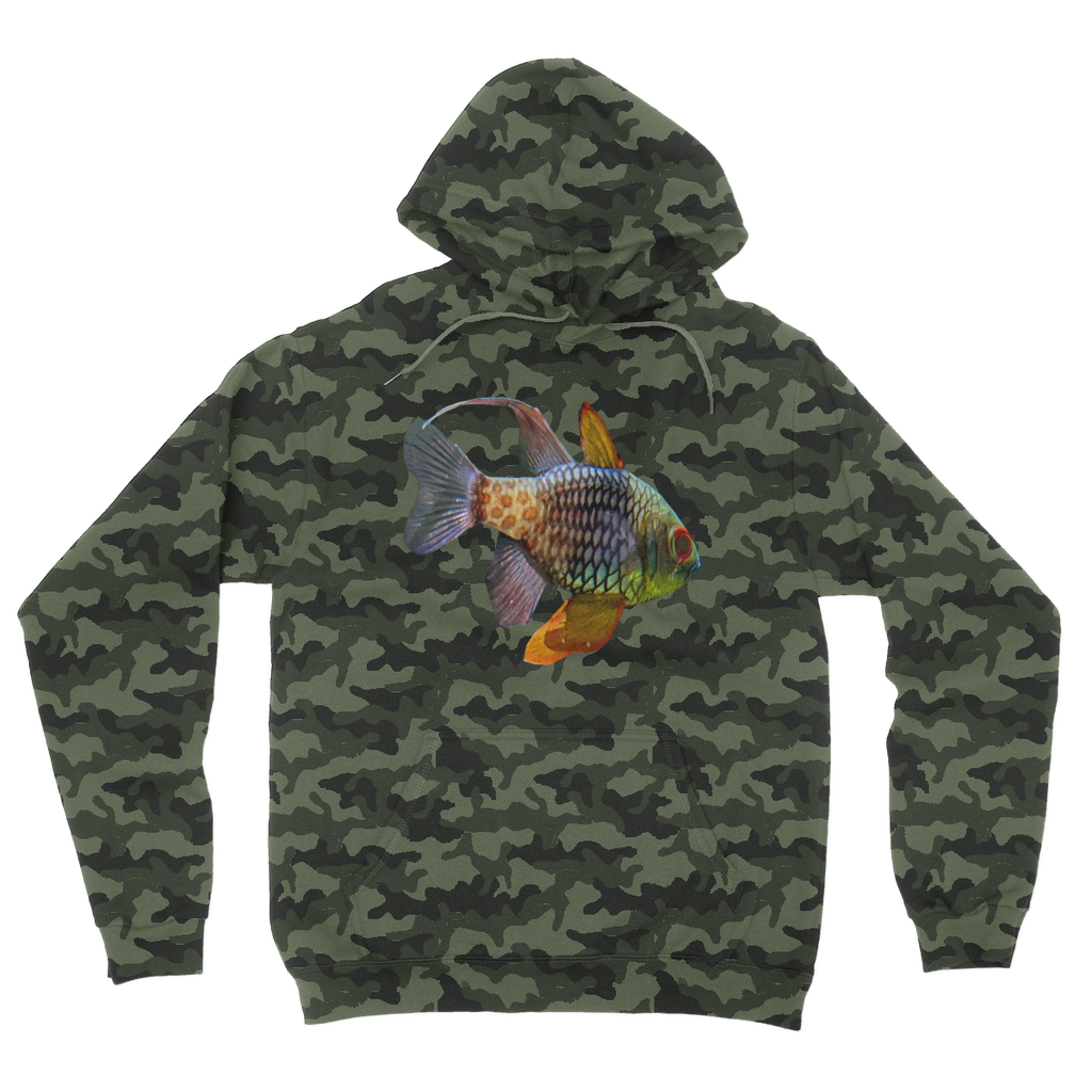 Colored Fish Camouflage Adult Hoodie featuring a classic camo print, double fabric hood, and kangaroo pouch pocket.