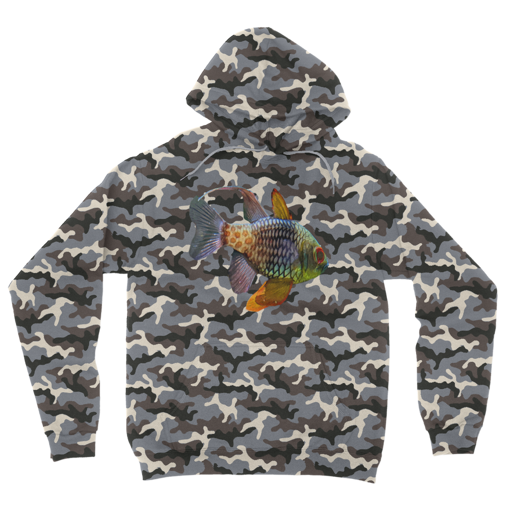 Colored Fish Camouflage Adult Hoodie featuring a classic camo print, double fabric hood, and kangaroo pouch pocket.