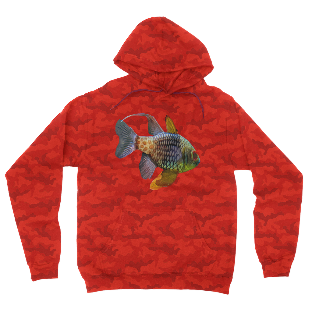 Colored Fish Camouflage Adult Hoodie featuring a classic camo print, double fabric hood, and kangaroo pouch pocket.