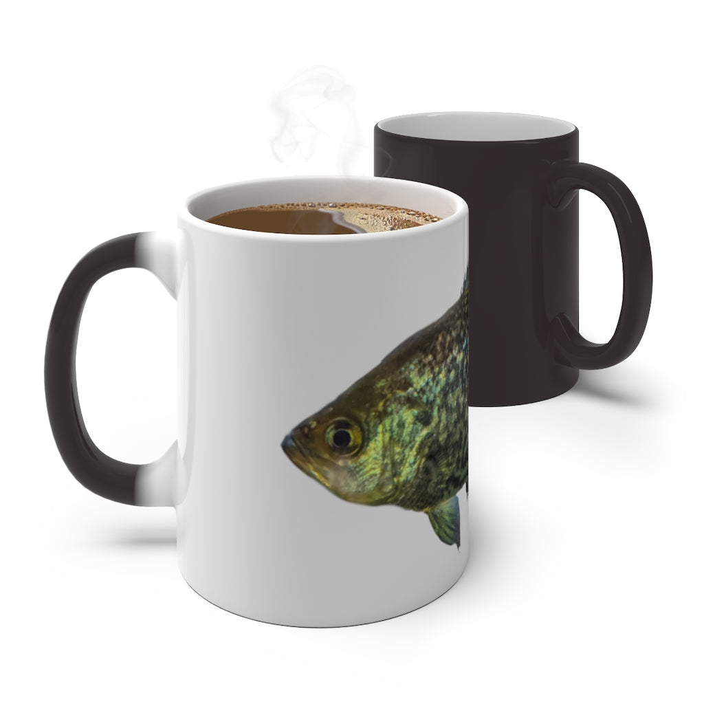 A whimsical colored fish design on a color-changing ceramic mug, showcasing its vibrant transformation when filled with hot liquid.