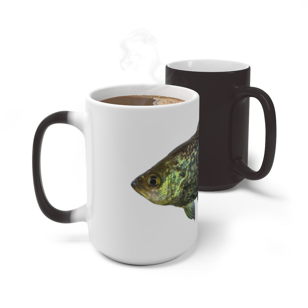 A whimsical colored fish design on a color-changing ceramic mug, showcasing its vibrant transformation when filled with hot liquid.
