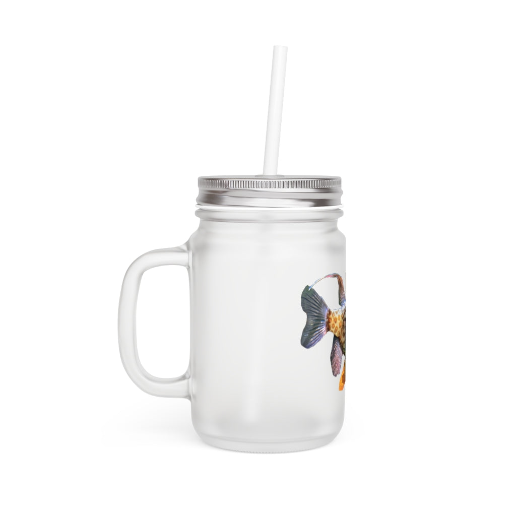 A stylish Colored Fish Mason Jar made of frosted glass, featuring a straw and lid, perfect for personalized drinks.