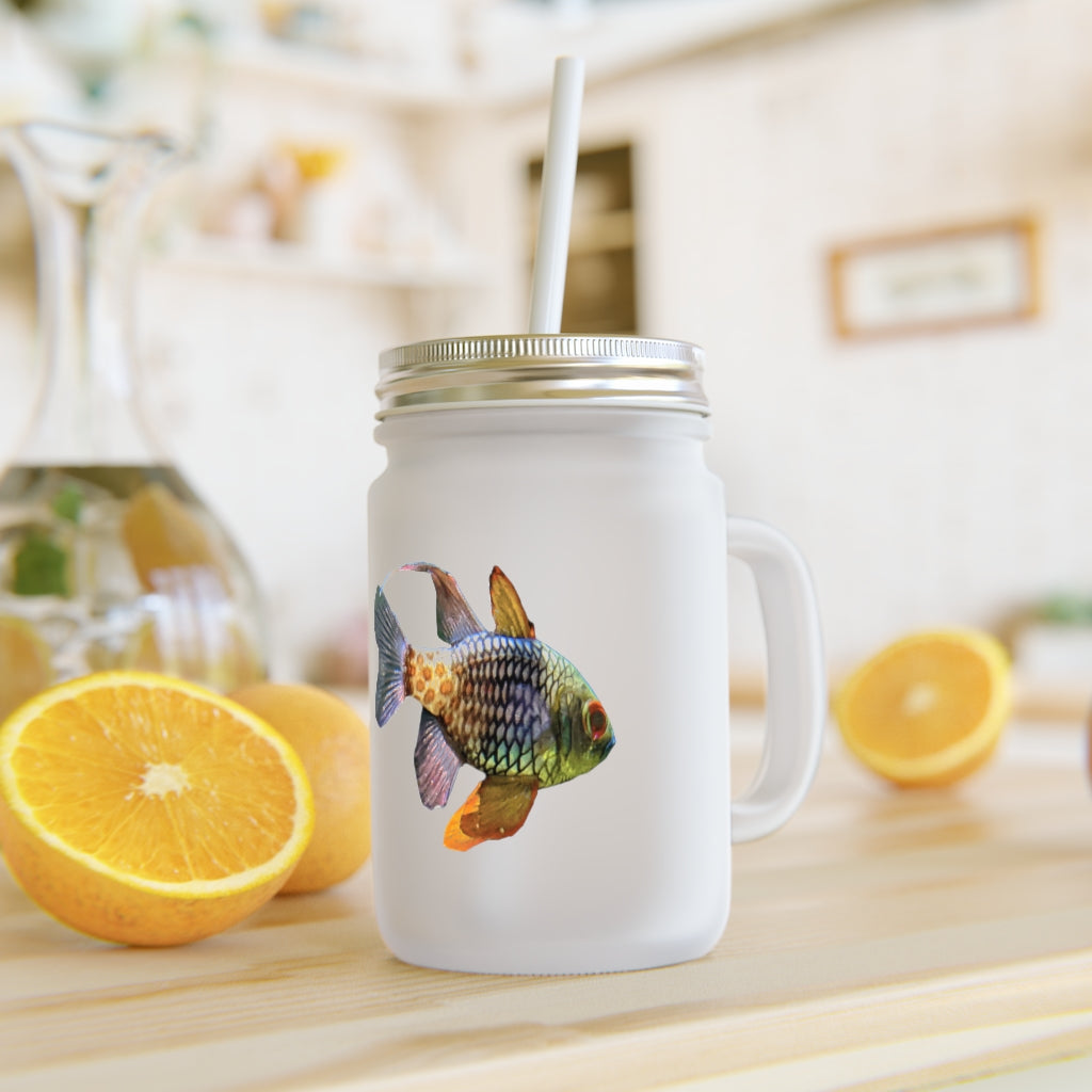A stylish Colored Fish Mason Jar made of frosted glass, featuring a straw and lid, perfect for personalized drinks.