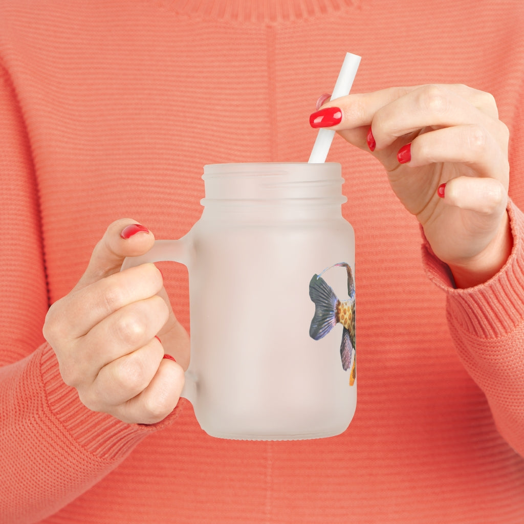 A stylish Colored Fish Mason Jar made of frosted glass, featuring a straw and lid, perfect for personalized drinks.