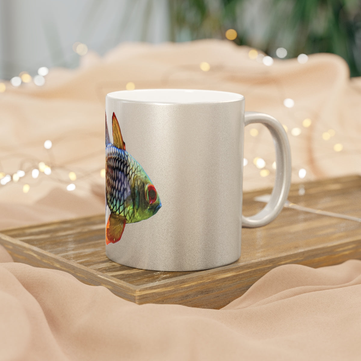 Colored Fish Metallic Mug in Silver and Gold with personalized design options, showcasing a shiny ceramic finish.