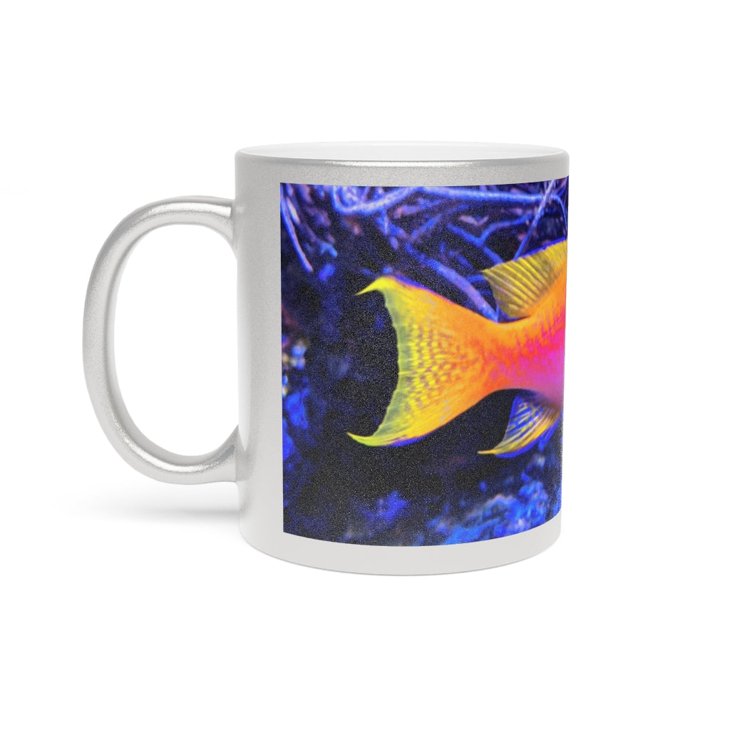 Colored Fish Metallic Mug in Silver and Gold, showcasing a sleek ceramic design with a shiny metallic finish.