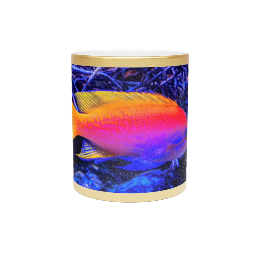 Colored Fish Metallic Mug in Silver and Gold, showcasing a sleek ceramic design with a shiny metallic finish.