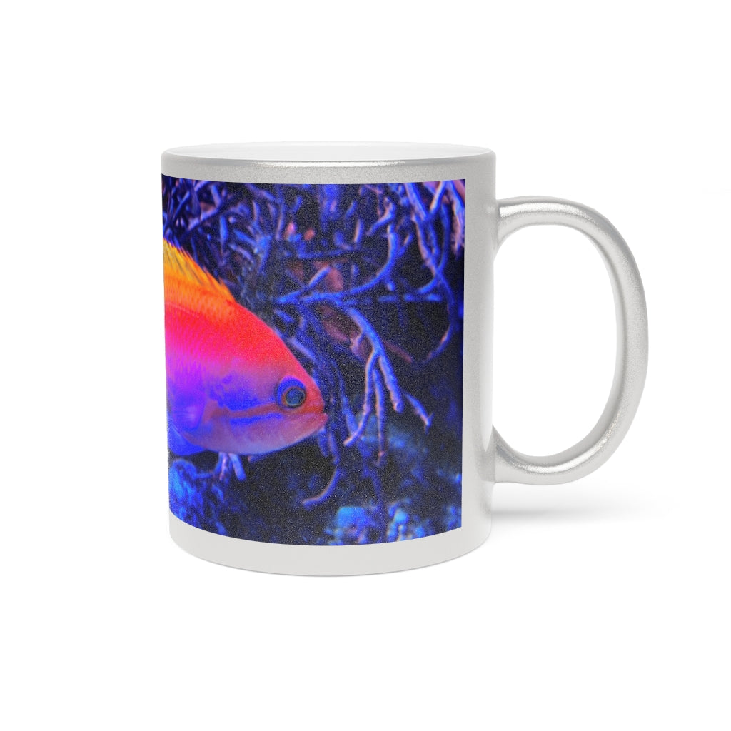 Colored Fish Metallic Mug in Silver and Gold, showcasing a sleek ceramic design with a shiny metallic finish.