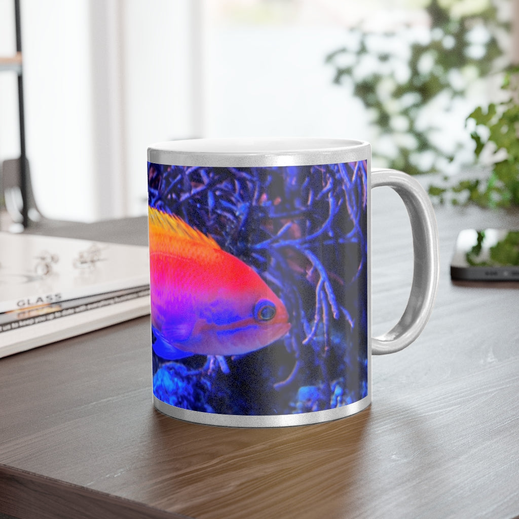 Colored Fish Metallic Mug in Silver and Gold, showcasing a sleek ceramic design with a shiny metallic finish.