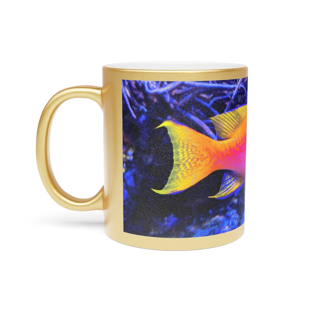 Colored Fish Metallic Mug in Silver and Gold, showcasing a sleek ceramic design with a shiny metallic finish.