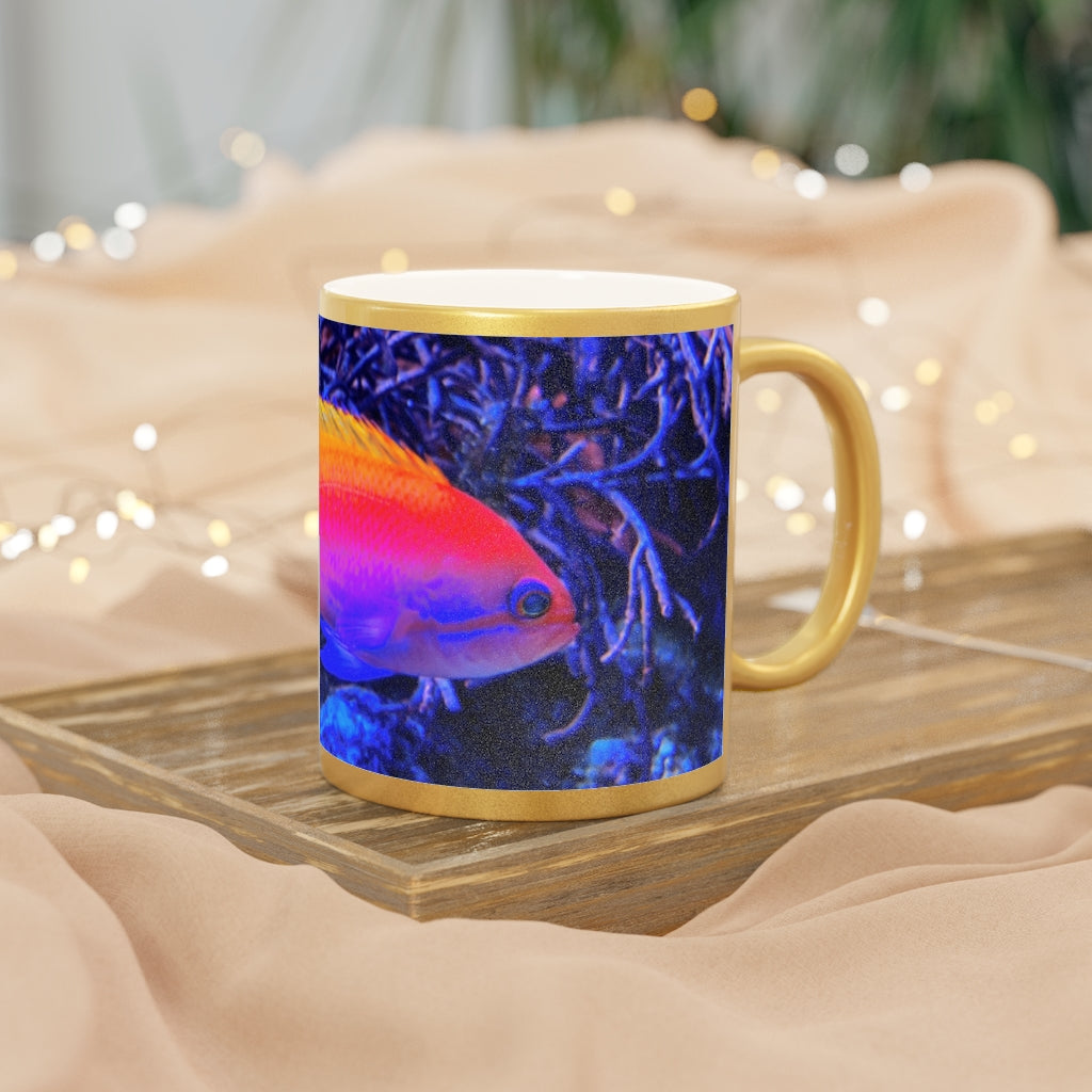 Colored Fish Metallic Mug in Silver and Gold, showcasing a sleek ceramic design with a shiny metallic finish.