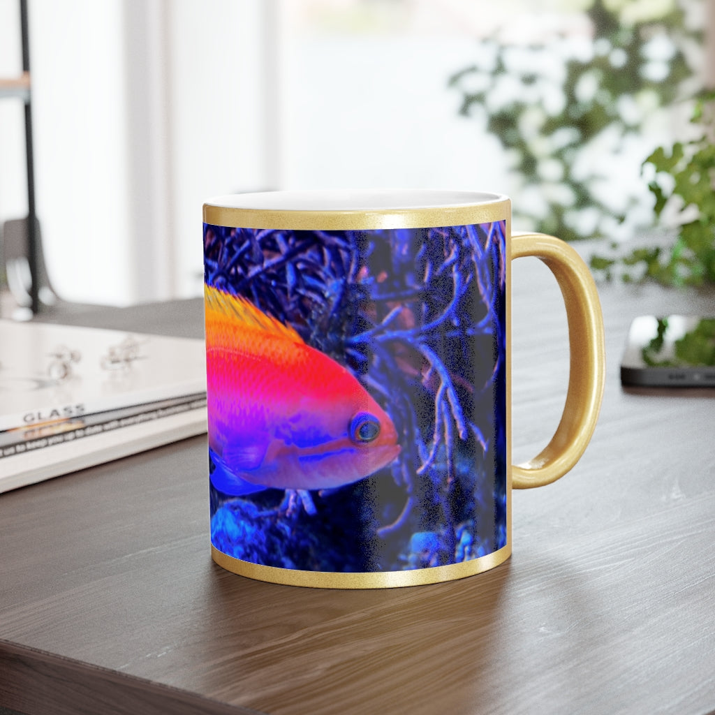 Colored Fish Metallic Mug in Silver and Gold, showcasing a sleek ceramic design with a shiny metallic finish.