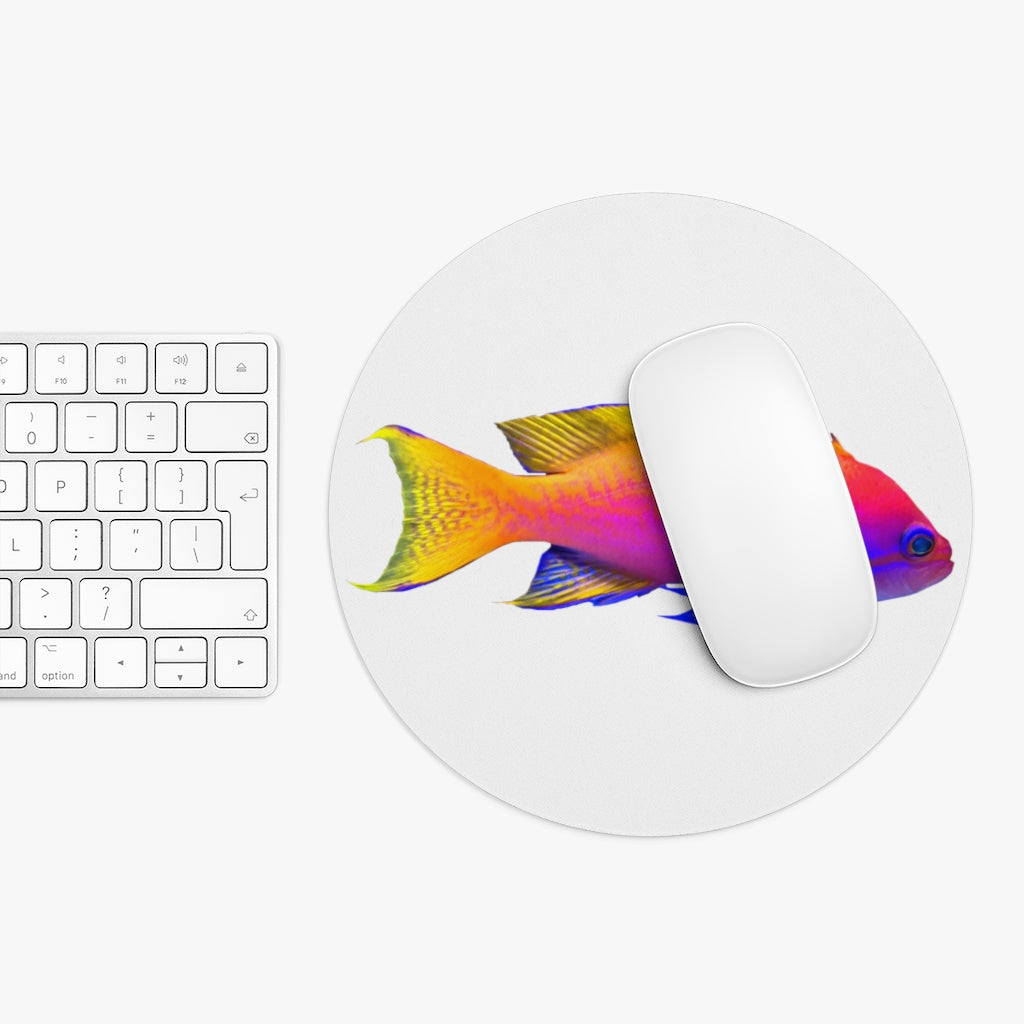 Colored Fish Mouse Pad featuring vibrant fish design in round and rectangular shapes, made of neoprene with a non-slip rubber bottom.