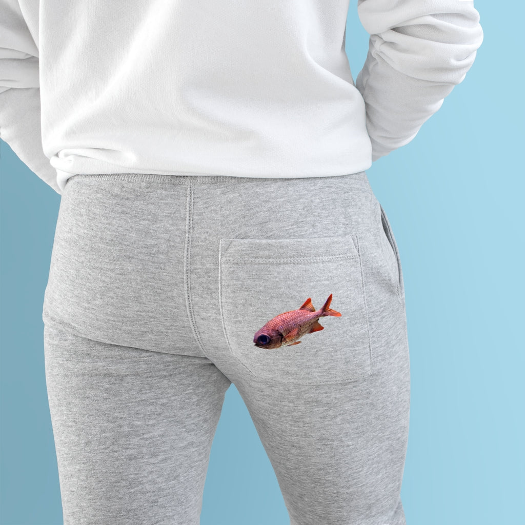 A pair of Colored Fish Premium Fleece Joggers showcasing their stylish design, customizable back pocket, and spacious side pockets.