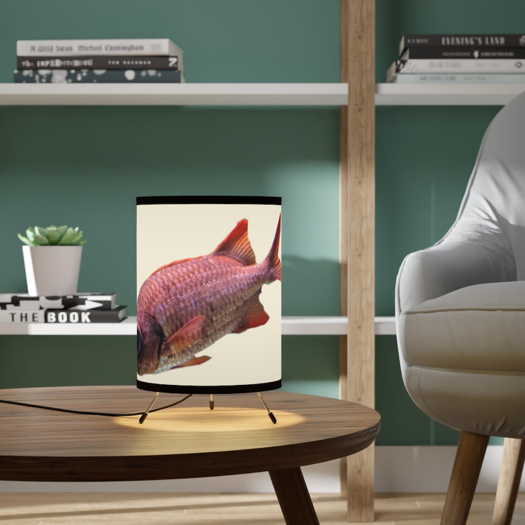 Colored Fish Tripod Lamp with high-res printed shade and galvanized steel base, showcasing a modern design suitable for home decor.