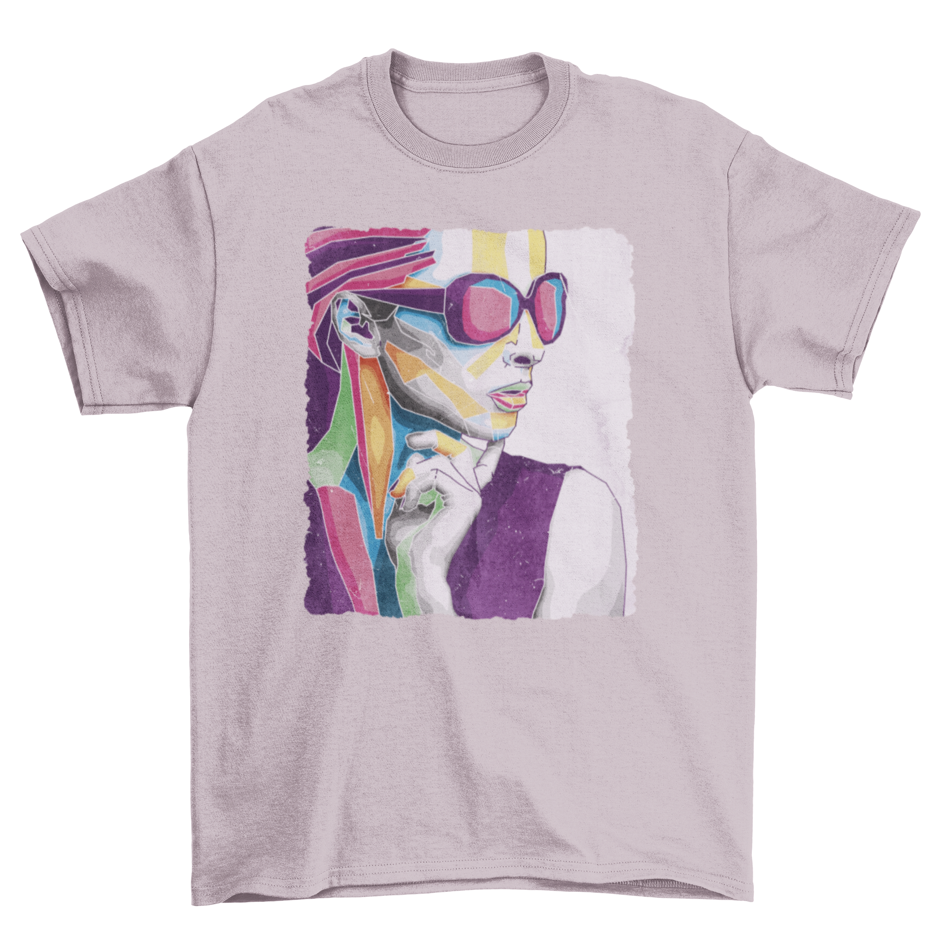Colorful abstract t-shirt featuring a woman's face with sunglasses, designed with vibrant shapes and colors.