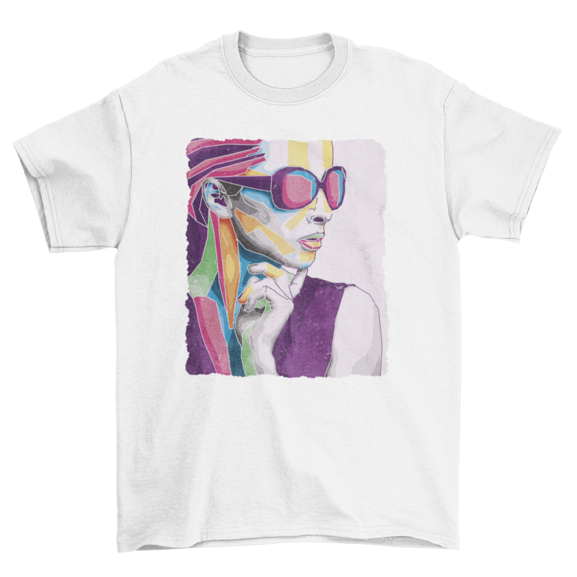 Colorful abstract t-shirt featuring a woman's face with sunglasses, designed with vibrant shapes and colors.