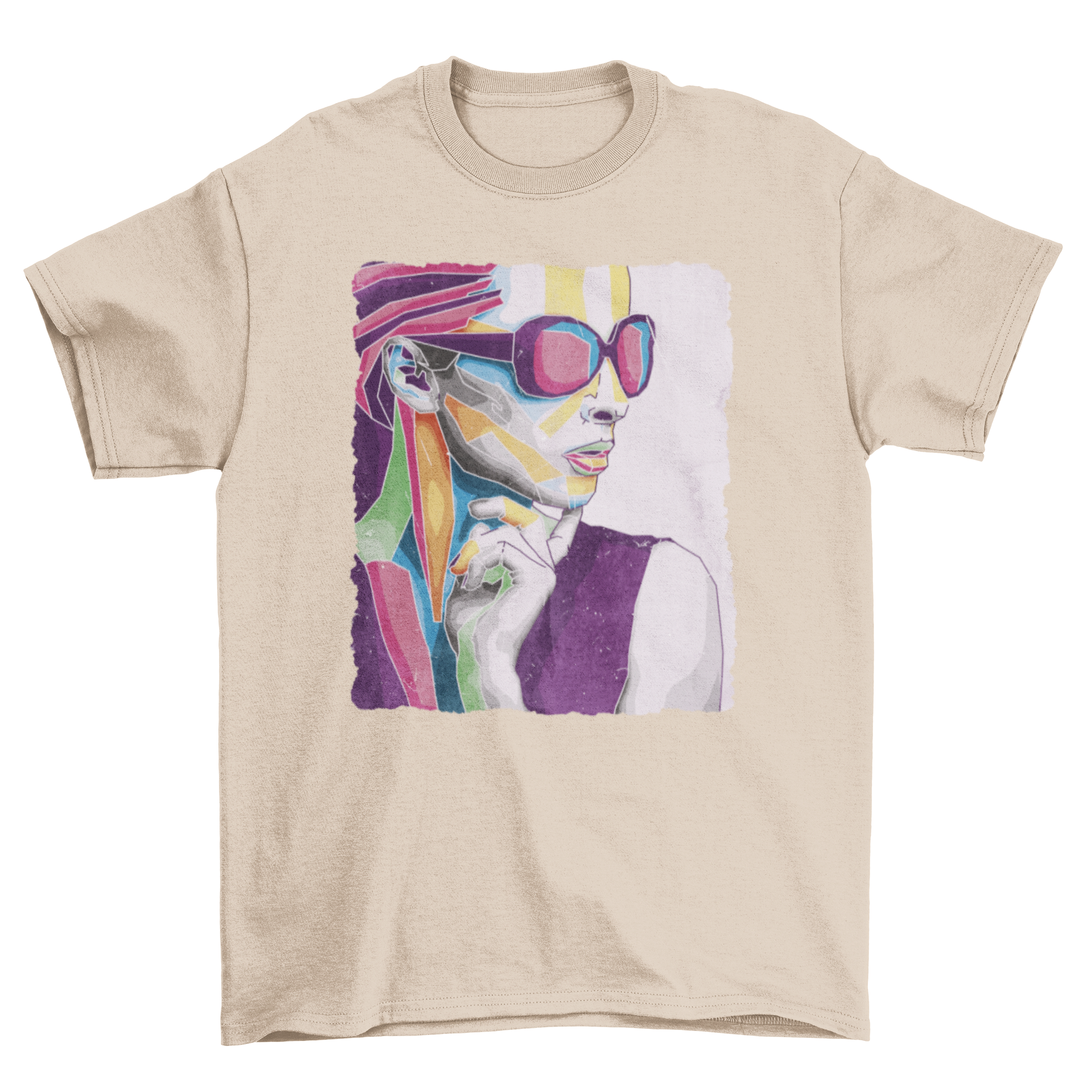 Colorful abstract t-shirt featuring a woman's face with sunglasses, designed with vibrant shapes and colors.