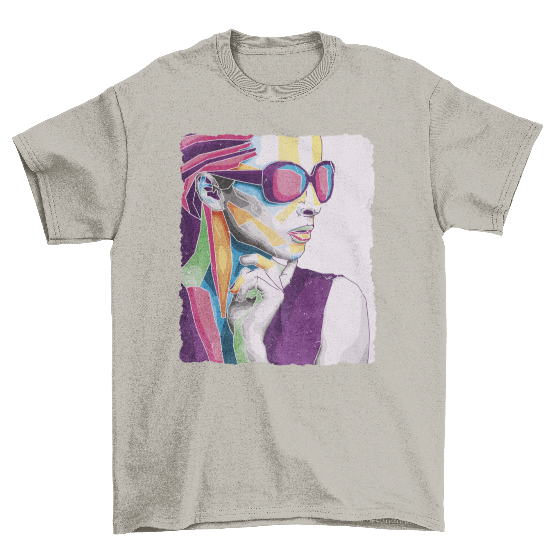 Colorful abstract t-shirt featuring a woman's face with sunglasses, designed with vibrant shapes and colors.