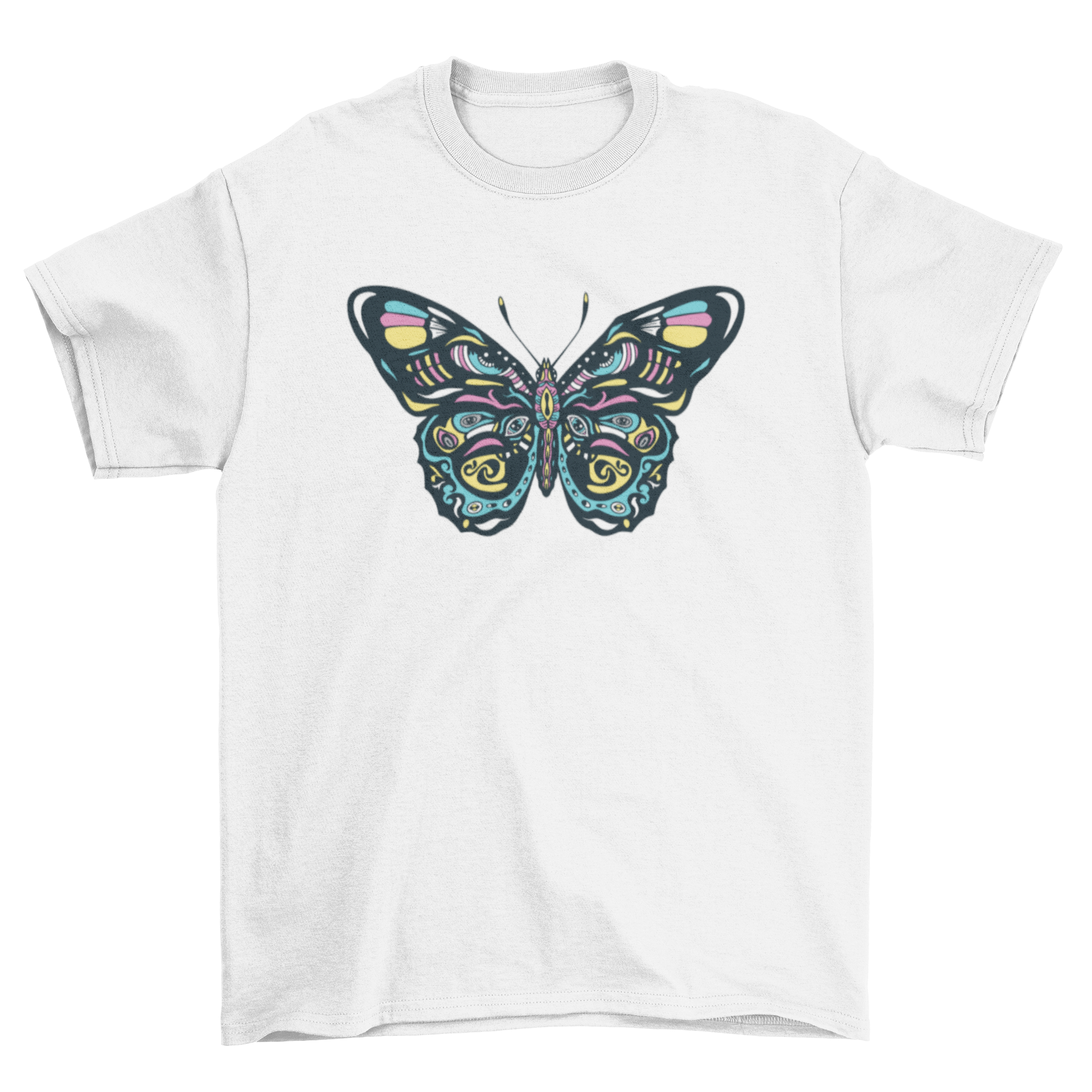 A vibrant t-shirt featuring a colorful butterfly design, showcasing intricate details and bright colors.