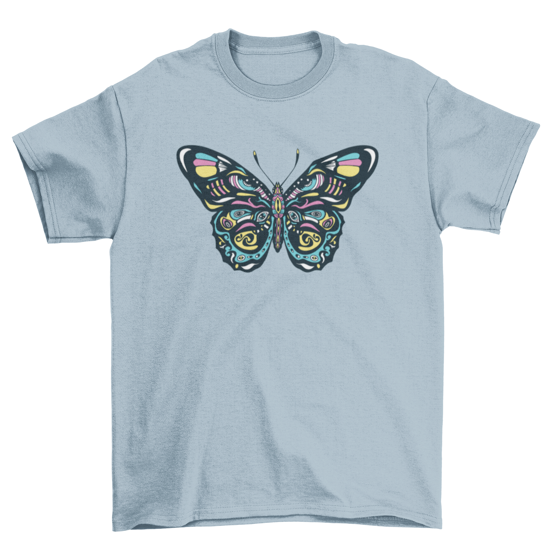 A vibrant t-shirt featuring a colorful butterfly design, showcasing intricate details and bright colors.