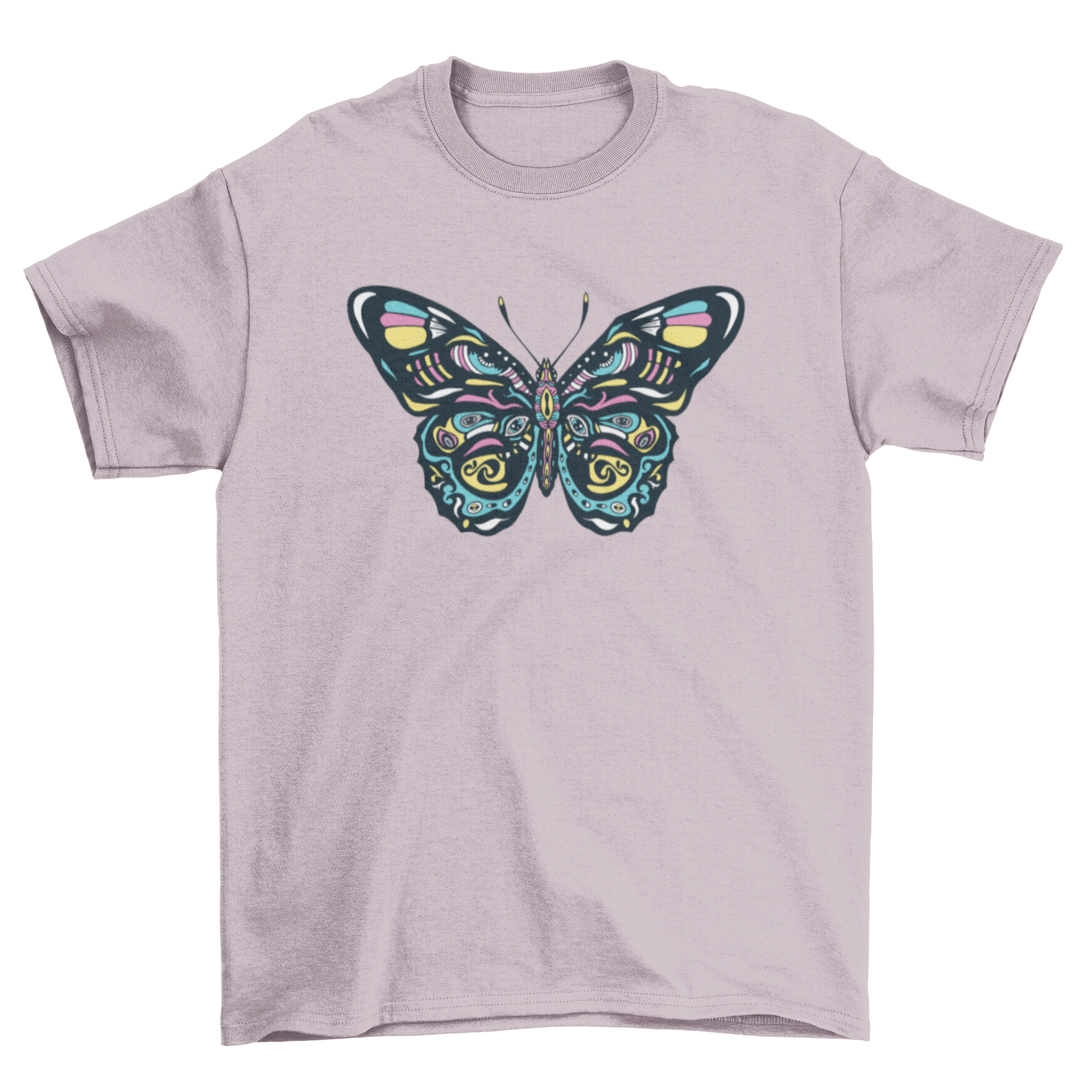 A vibrant t-shirt featuring a colorful butterfly design, showcasing intricate details and bright colors.