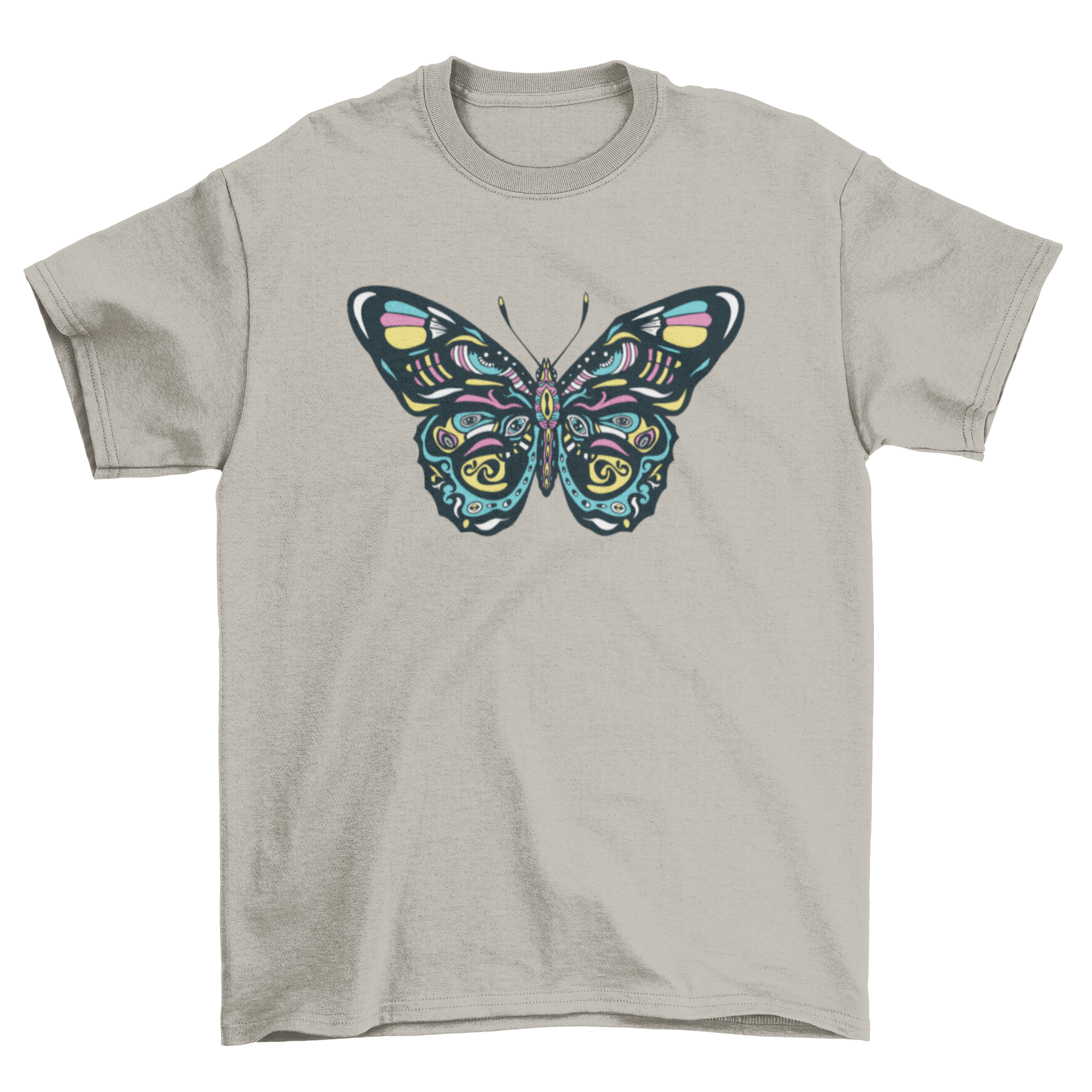 A vibrant t-shirt featuring a colorful butterfly design, showcasing intricate details and bright colors.