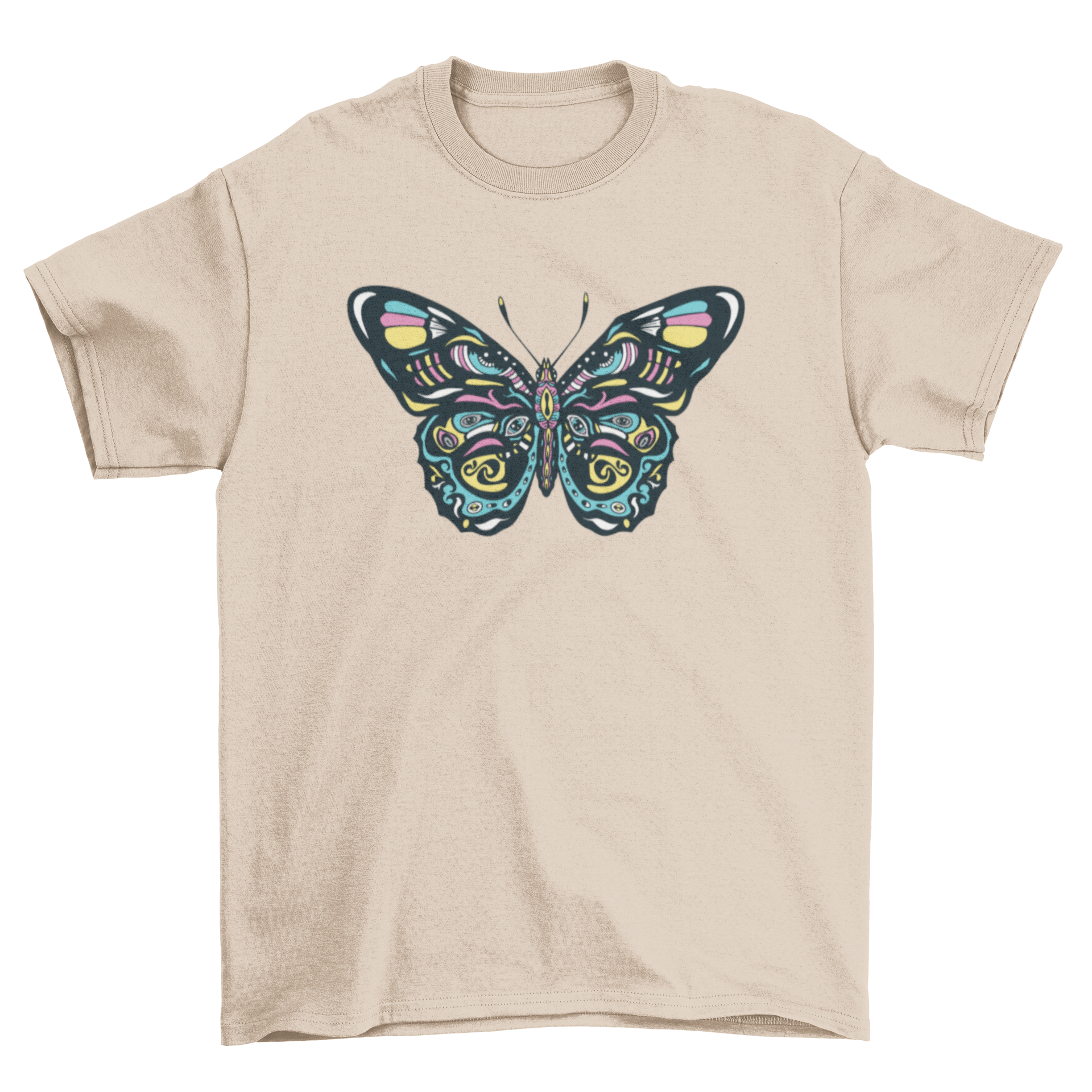 A vibrant t-shirt featuring a colorful butterfly design, showcasing intricate details and bright colors.