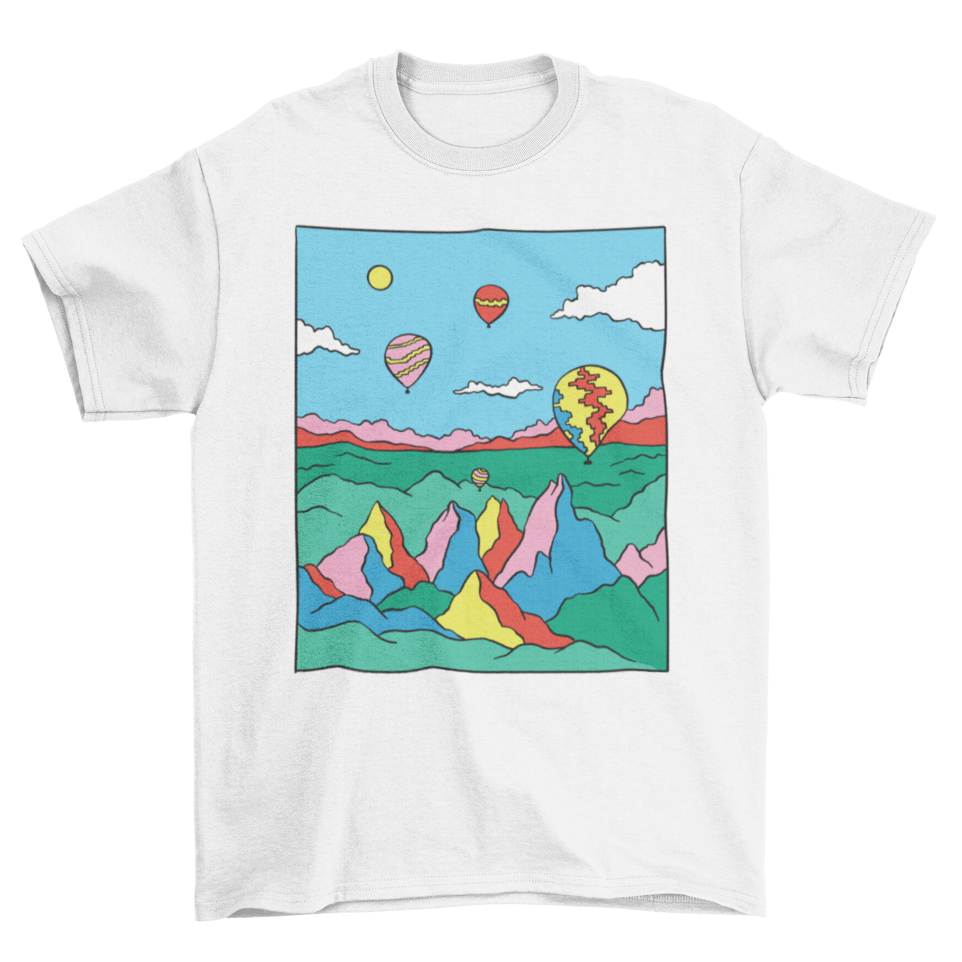 Colorful Capadocia t-shirt featuring a vibrant landscape and flying blimps, showcasing the beauty of Turkey's Capadocia region.