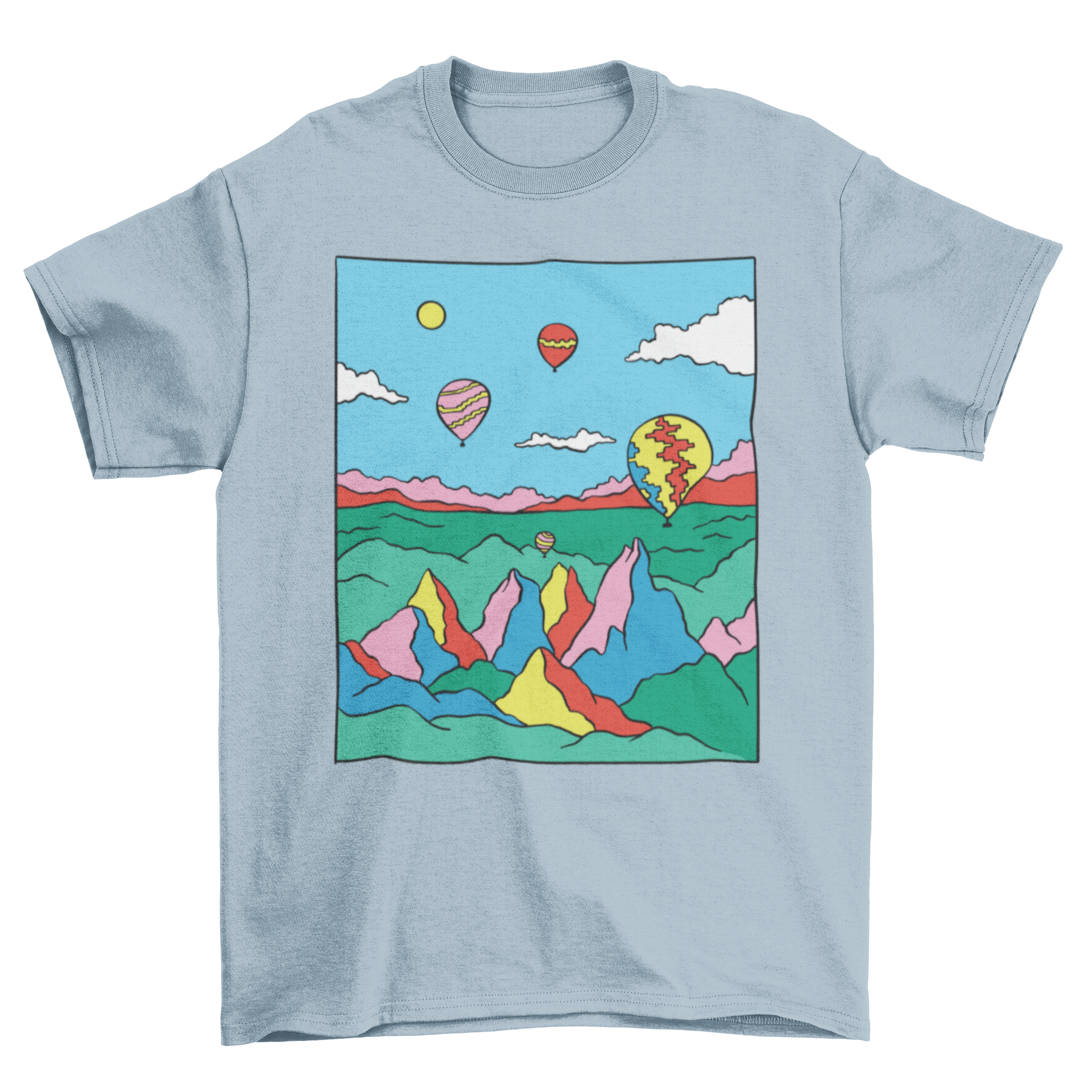 Colorful Capadocia t-shirt featuring a vibrant landscape and flying blimps, showcasing the beauty of Turkey's Capadocia region.
