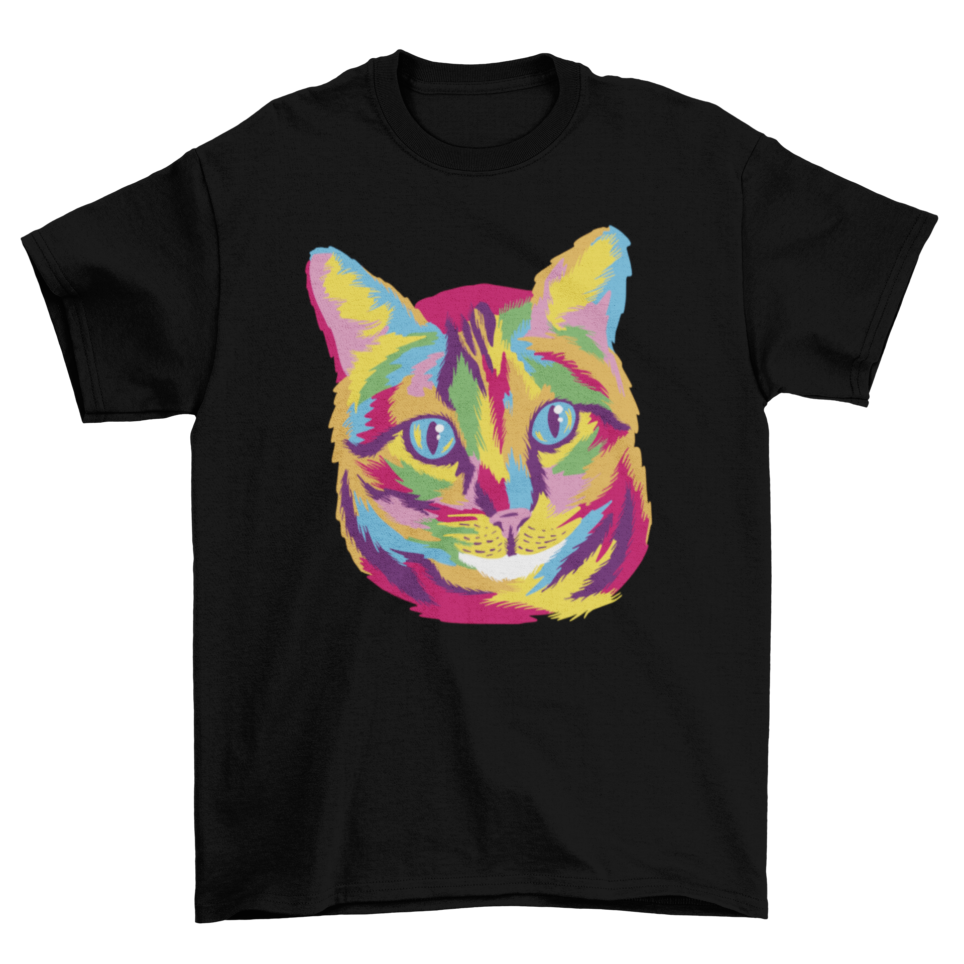 A vibrant t-shirt featuring a colorful cat face design created with artistic paint strokes.
