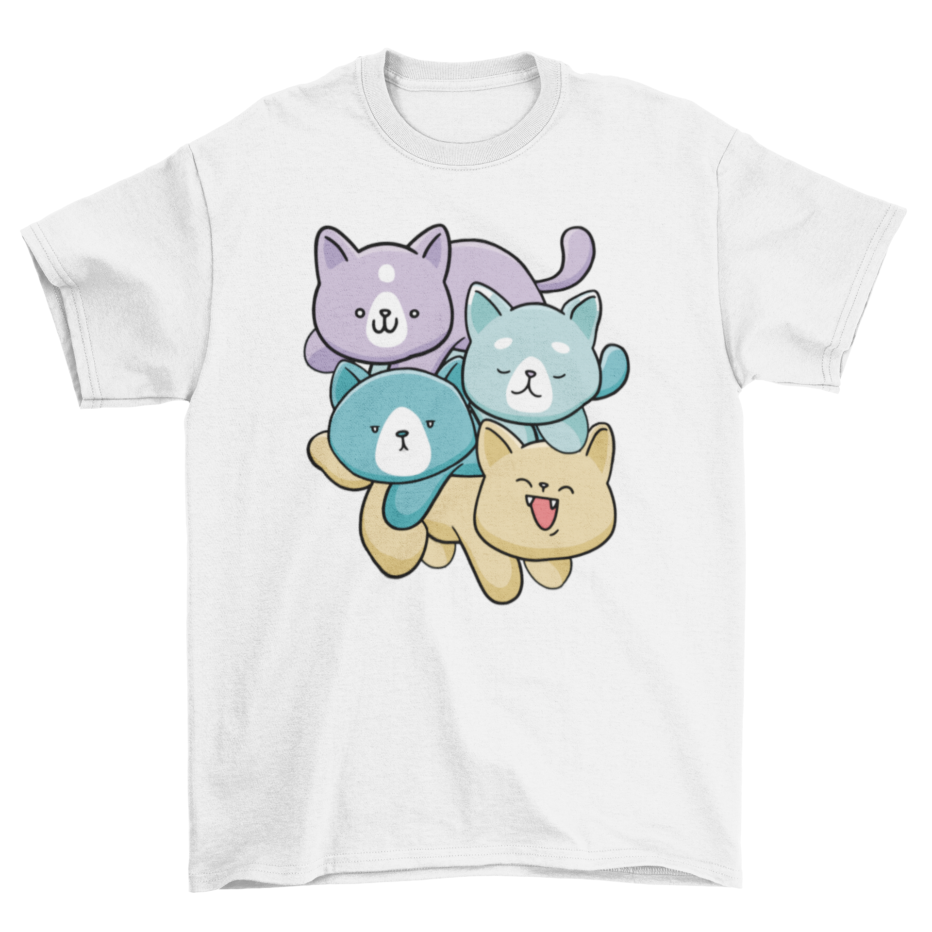 Colorful Cat Family T-Shirt featuring four playful kittens in vibrant colors on a soft fabric.