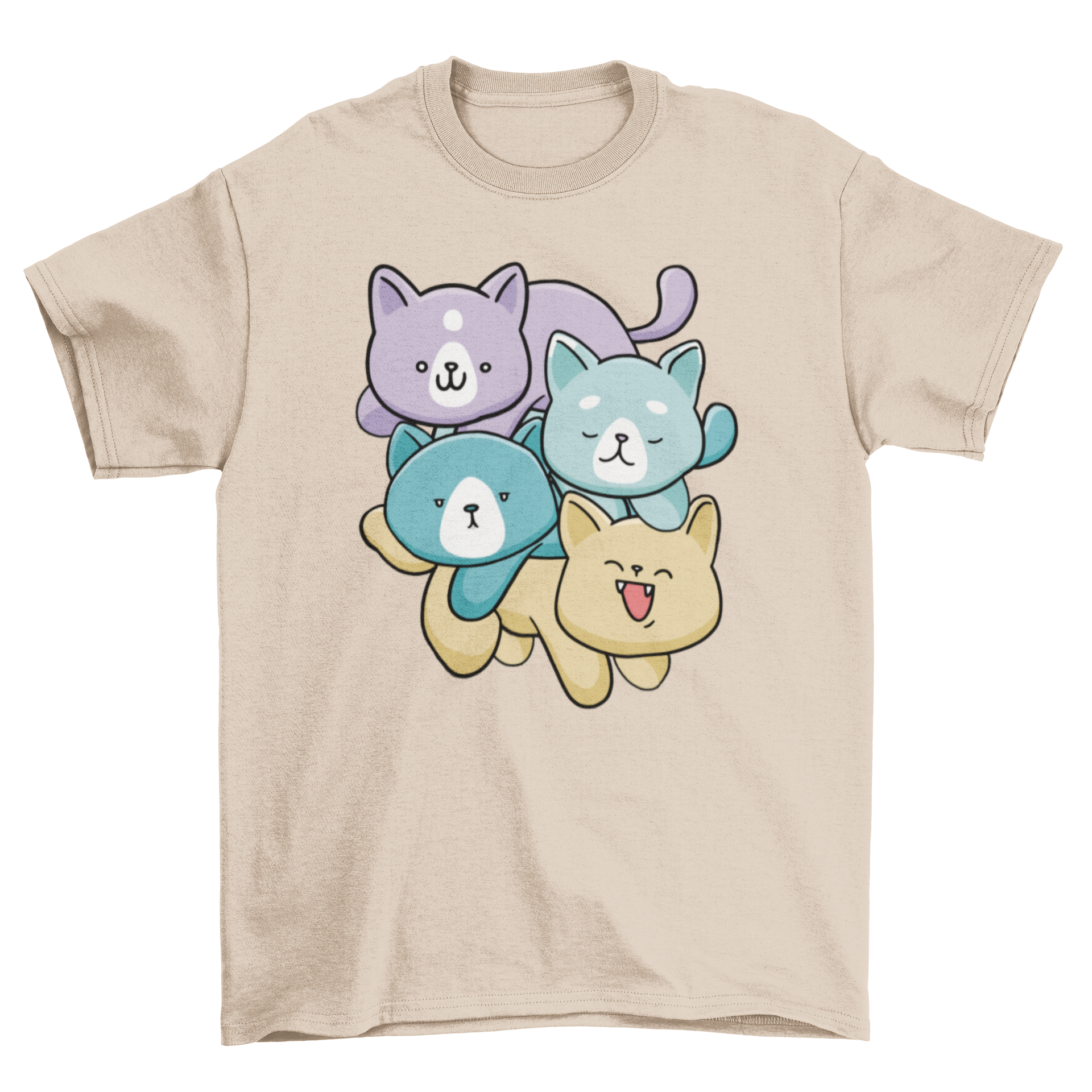 Colorful Cat Family T-Shirt featuring four playful kittens in vibrant colors on a soft fabric.