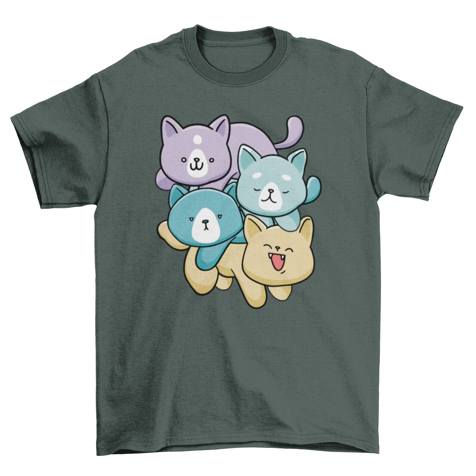 Colorful Cat Family T-Shirt featuring four playful kittens in vibrant colors on a soft fabric.