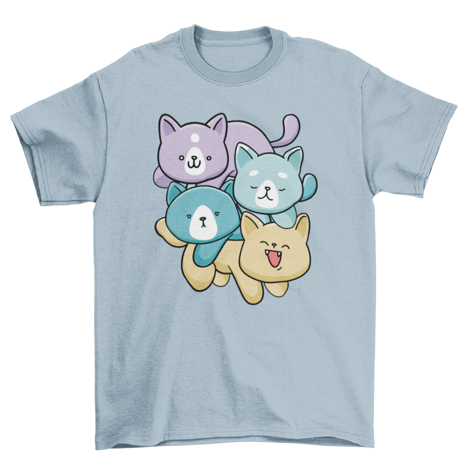 Colorful Cat Family T-Shirt featuring four playful kittens in vibrant colors on a soft fabric.