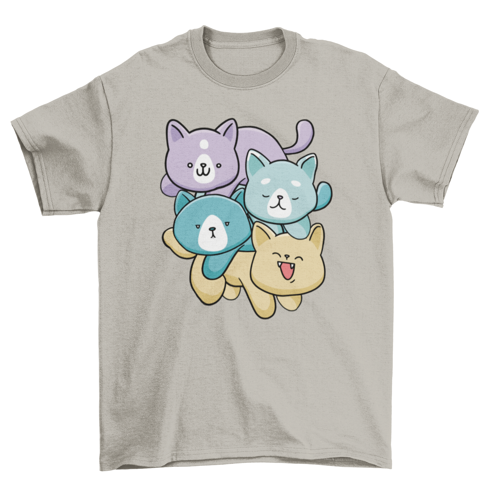 Colorful Cat Family T-Shirt featuring four playful kittens in vibrant colors on a soft fabric.