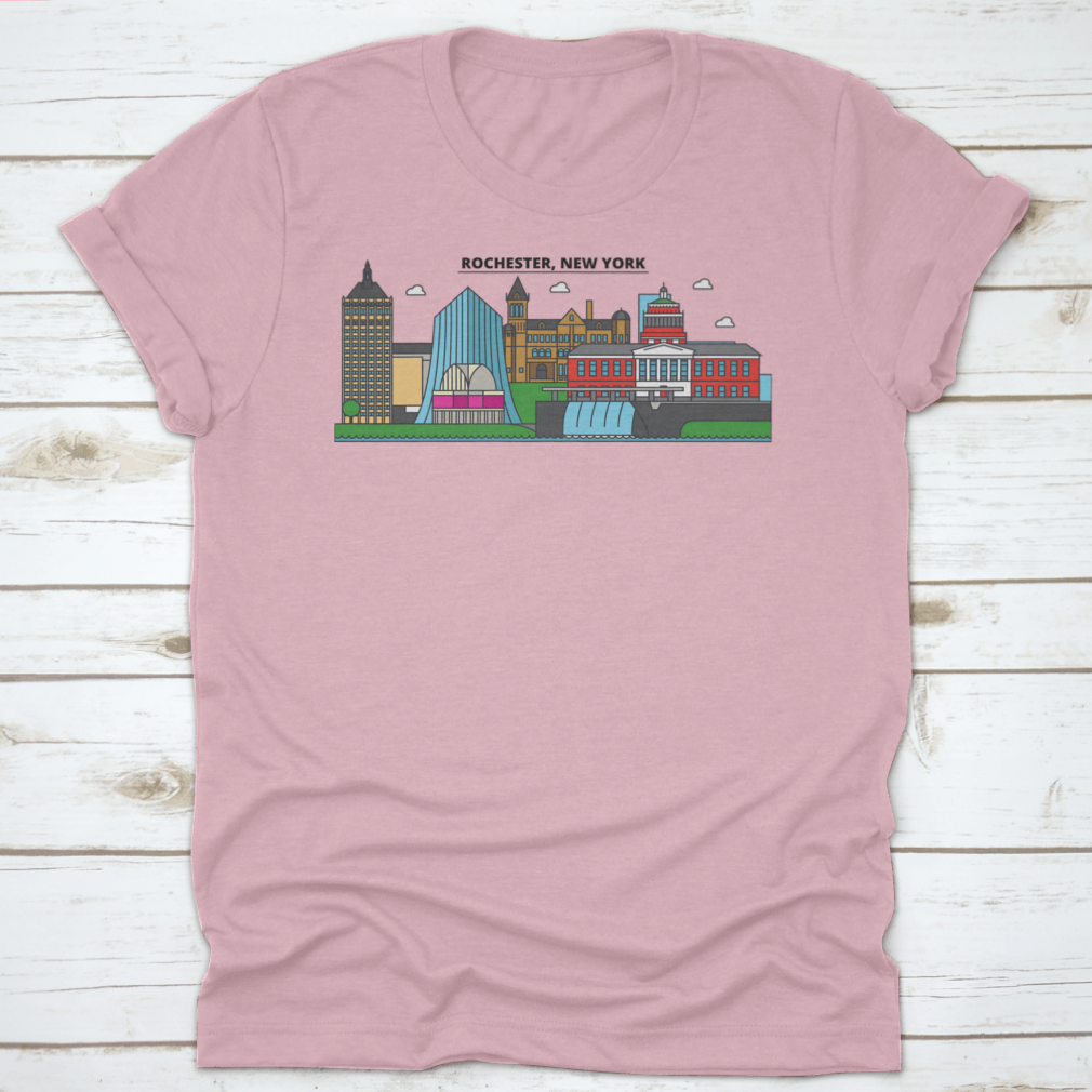 Colorful City Skyline t-shirt featuring a vibrant urban design on a soft cotton fabric.