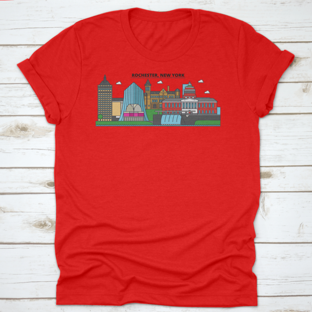 Colorful City Skyline t-shirt featuring a vibrant urban design on a soft cotton fabric.