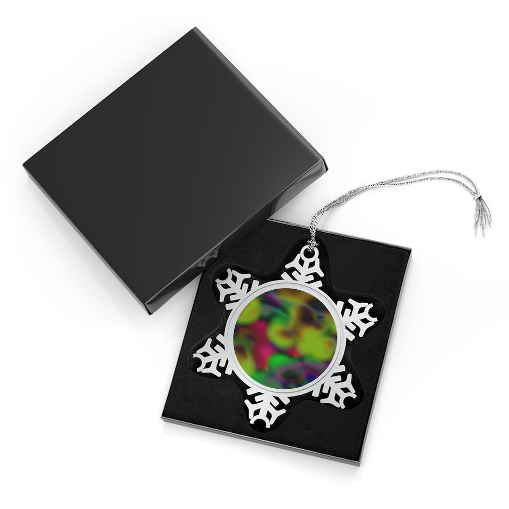 Colorful Cloud Painting Pewter Snowflake Ornament with vibrant colors and silver-toned hanging string, showcasing a unique snowflake design.