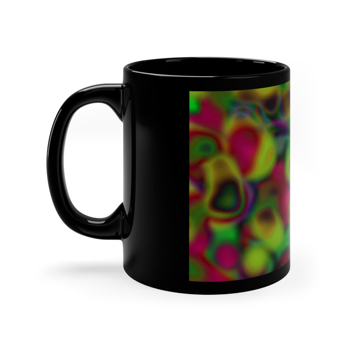 Colorful Cloud Pattern 11oz Black Mug showcasing vibrant cloud designs on a black ceramic surface, perfect for coffee or tea.