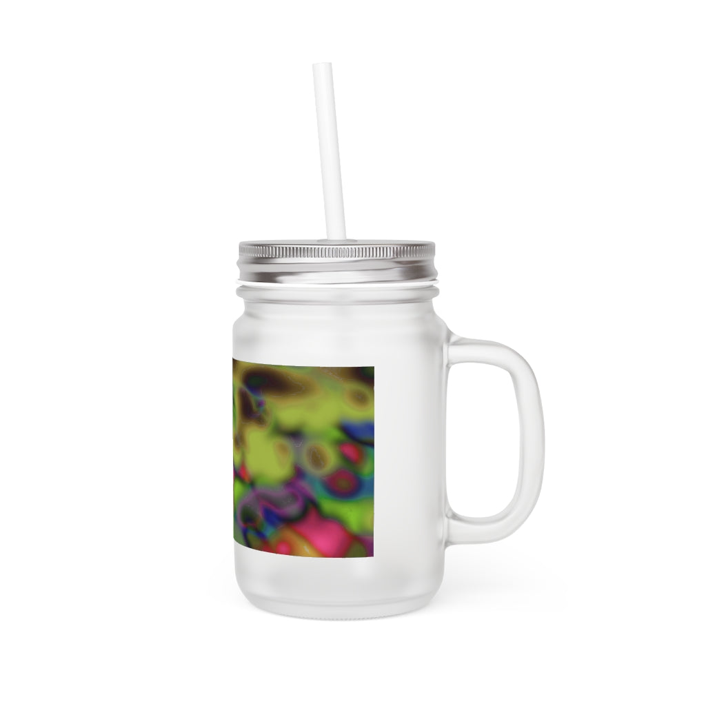 Colorful Cloud Pattern Mason Jar with straw and lid, showcasing a vibrant design on frosted glass.
