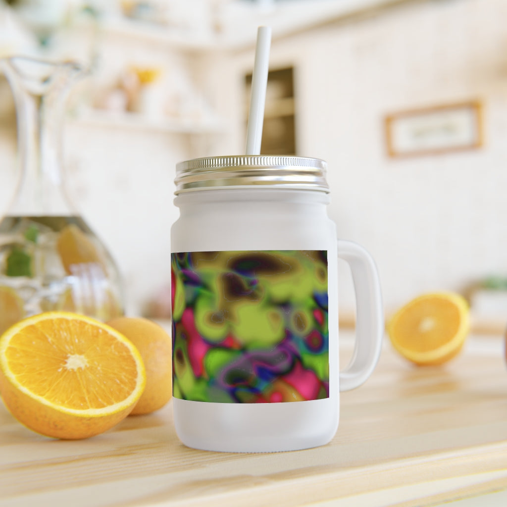 Colorful Cloud Pattern Mason Jar with straw and lid, showcasing a vibrant design on frosted glass.