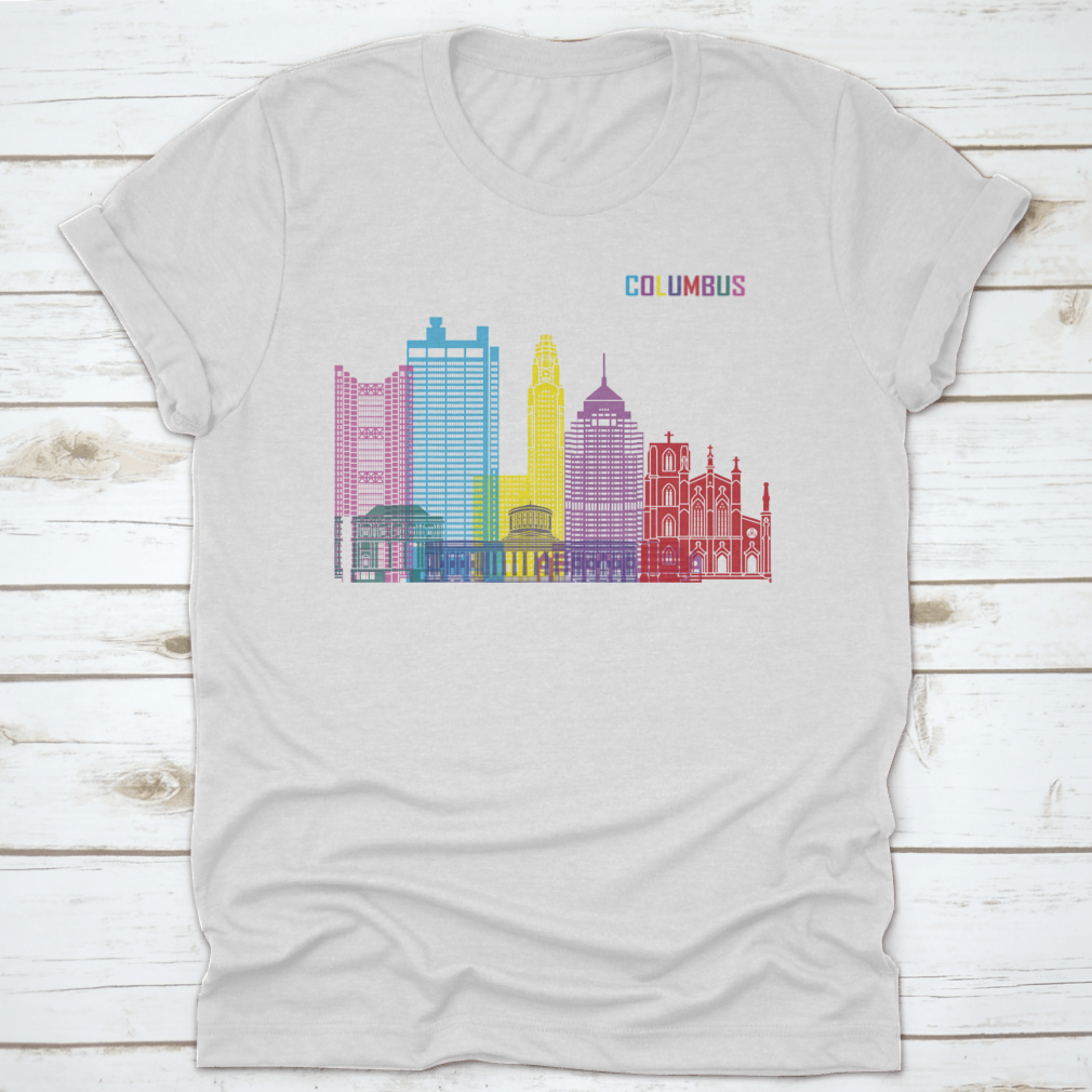 Editable vector file design featuring a colorful skyline of Columbus, Ohio, showcasing iconic buildings and landmarks.