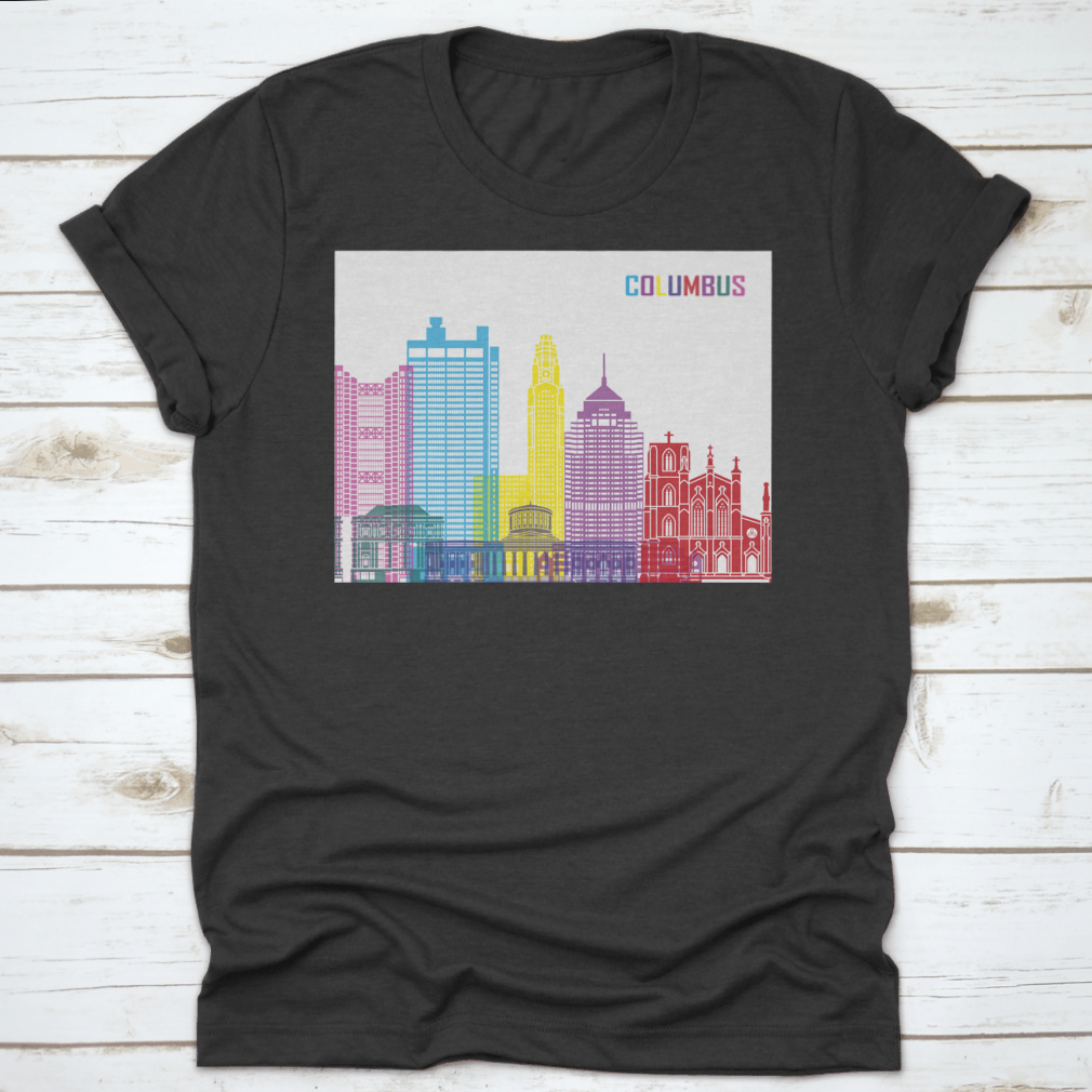 Editable vector file design featuring a colorful skyline of Columbus, Ohio, showcasing iconic buildings and landmarks.