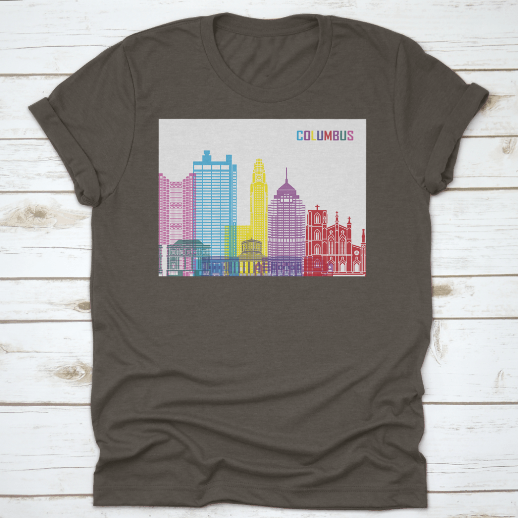 Editable vector file design featuring a colorful skyline of Columbus, Ohio, showcasing iconic buildings and landmarks.