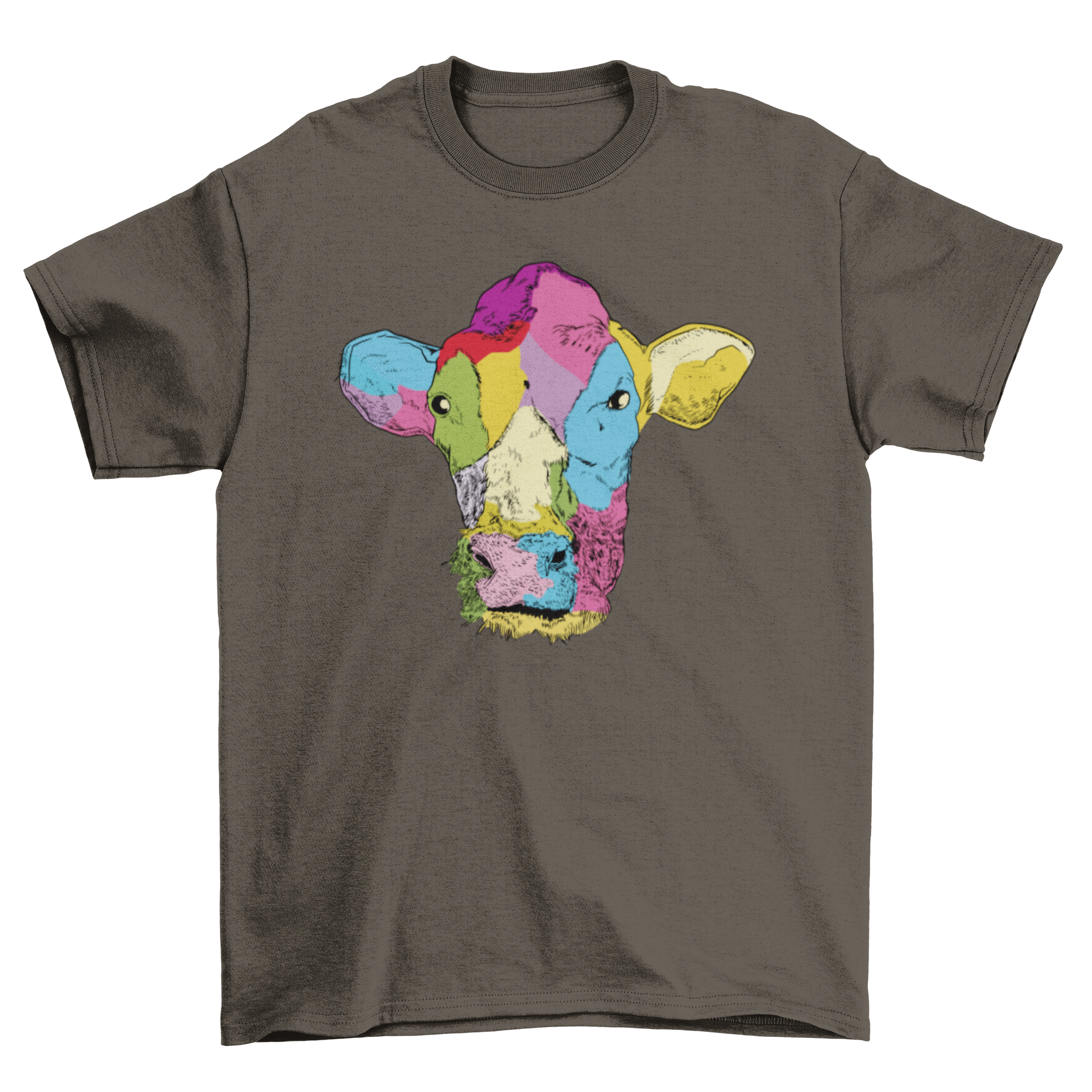 A vibrant t-shirt featuring a detailed colorful painting of a cow, showcasing bright colors and artistic design.