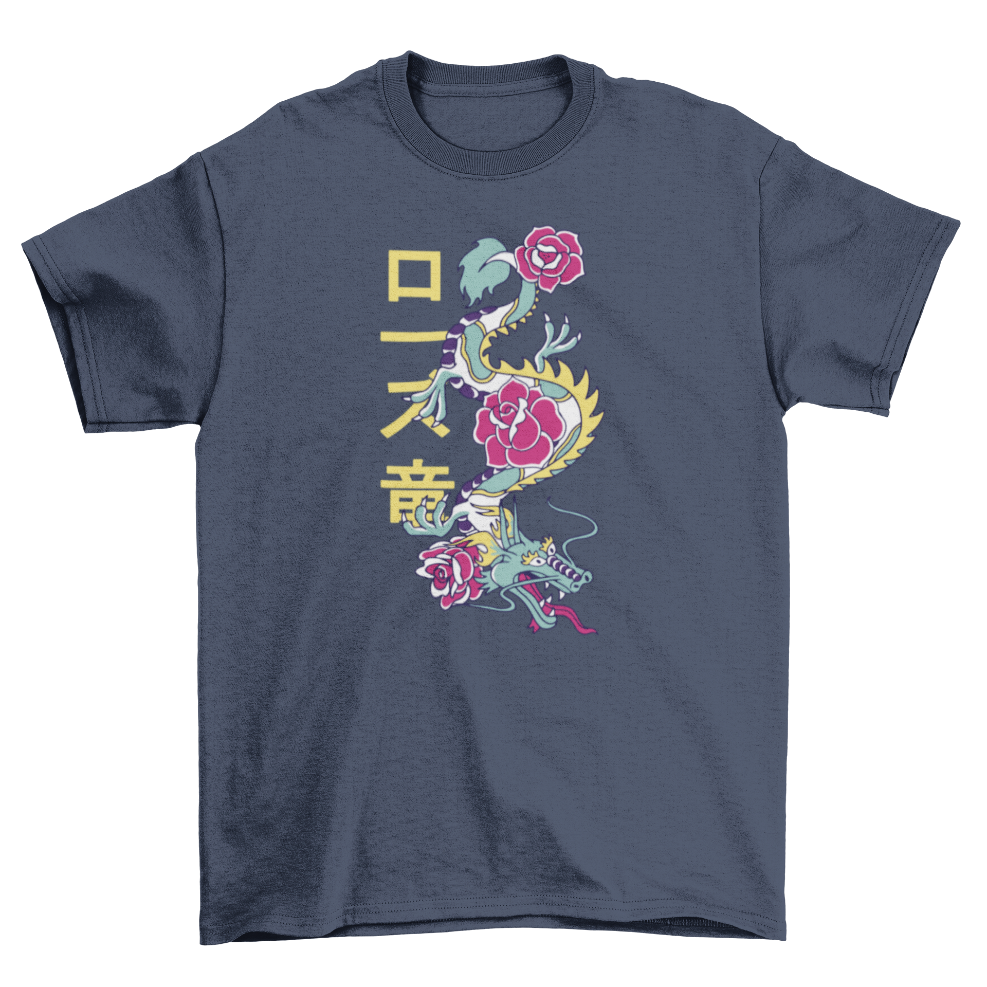 A colorful t-shirt featuring a dragon entwined with roses, showcasing vibrant colors and intricate design.