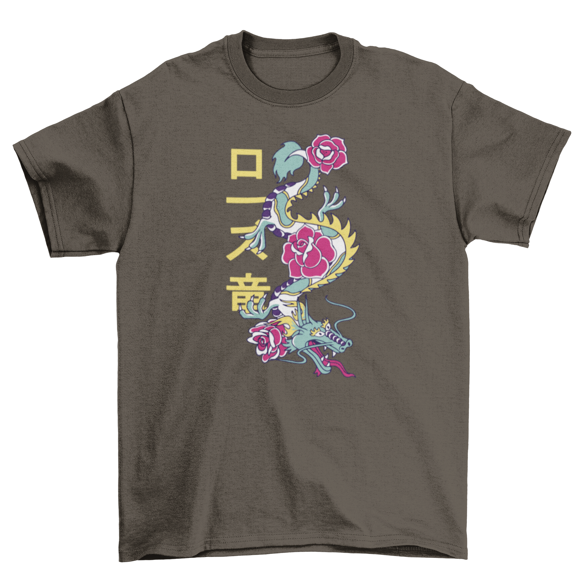 A colorful t-shirt featuring a dragon entwined with roses, showcasing vibrant colors and intricate design.